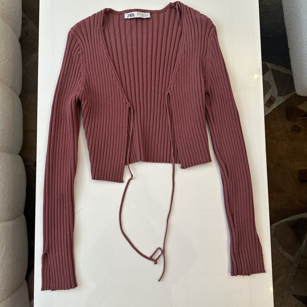 Zara Ribbed cropped cardigan dusty rose